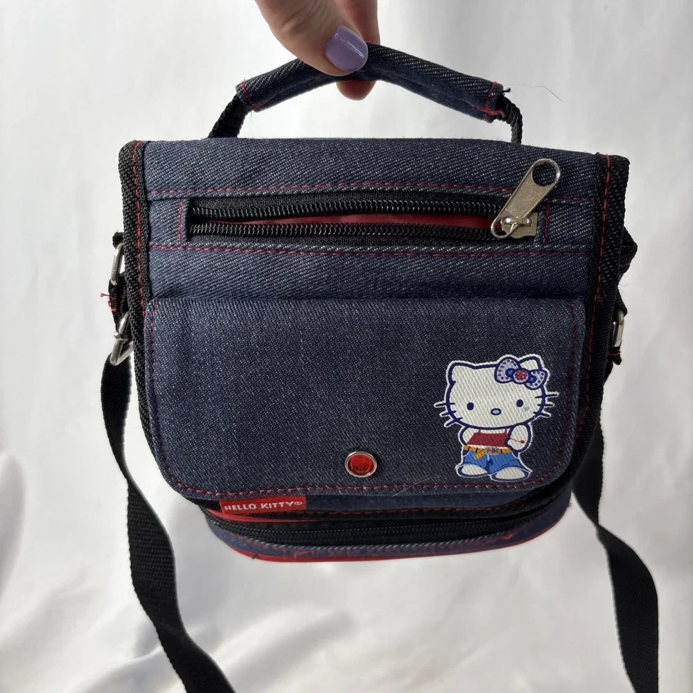 Vtg Y2K 2002 Sanrio Hello‎ Kitty Denim Blue Red Crossbody Bag Purse 7.5x7